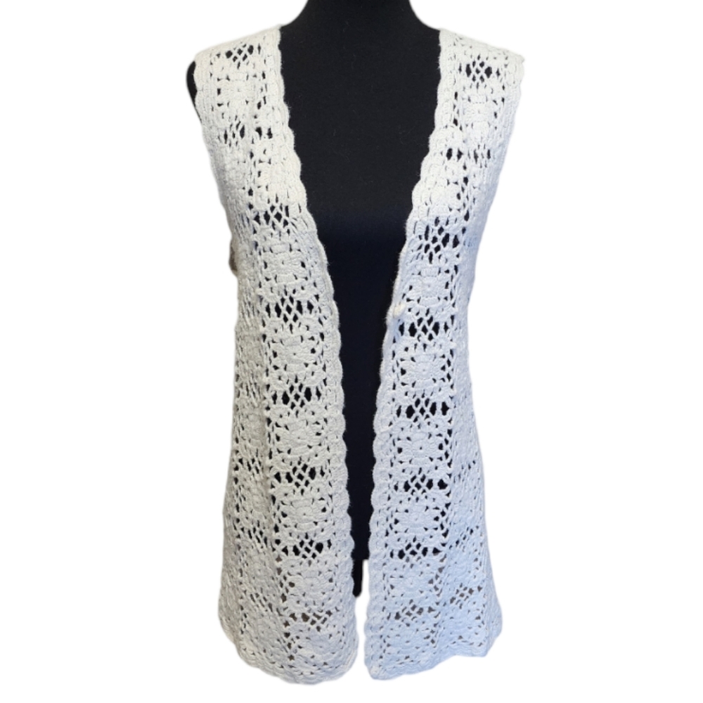 Vintage 90s Cristina Ivory Cream Crochet Ramie Cotton Boho Festival Vest Small
